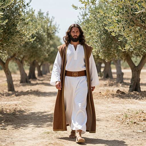 Man in Traditional Biblical Clothing Walking in Olive Grove