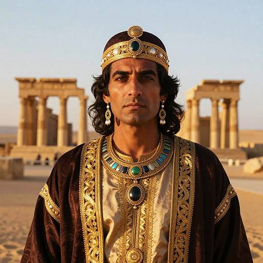 Man in Ancient Royal Costume with Jewelry at Historic Ruins