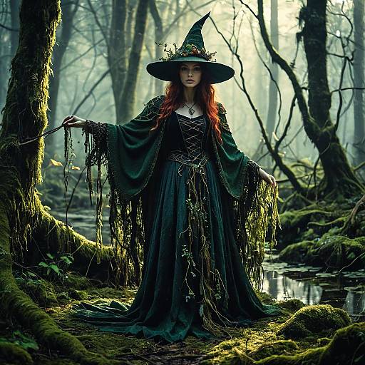 Enchanted Witch Woman in Mossy Forest Fantasy Scene