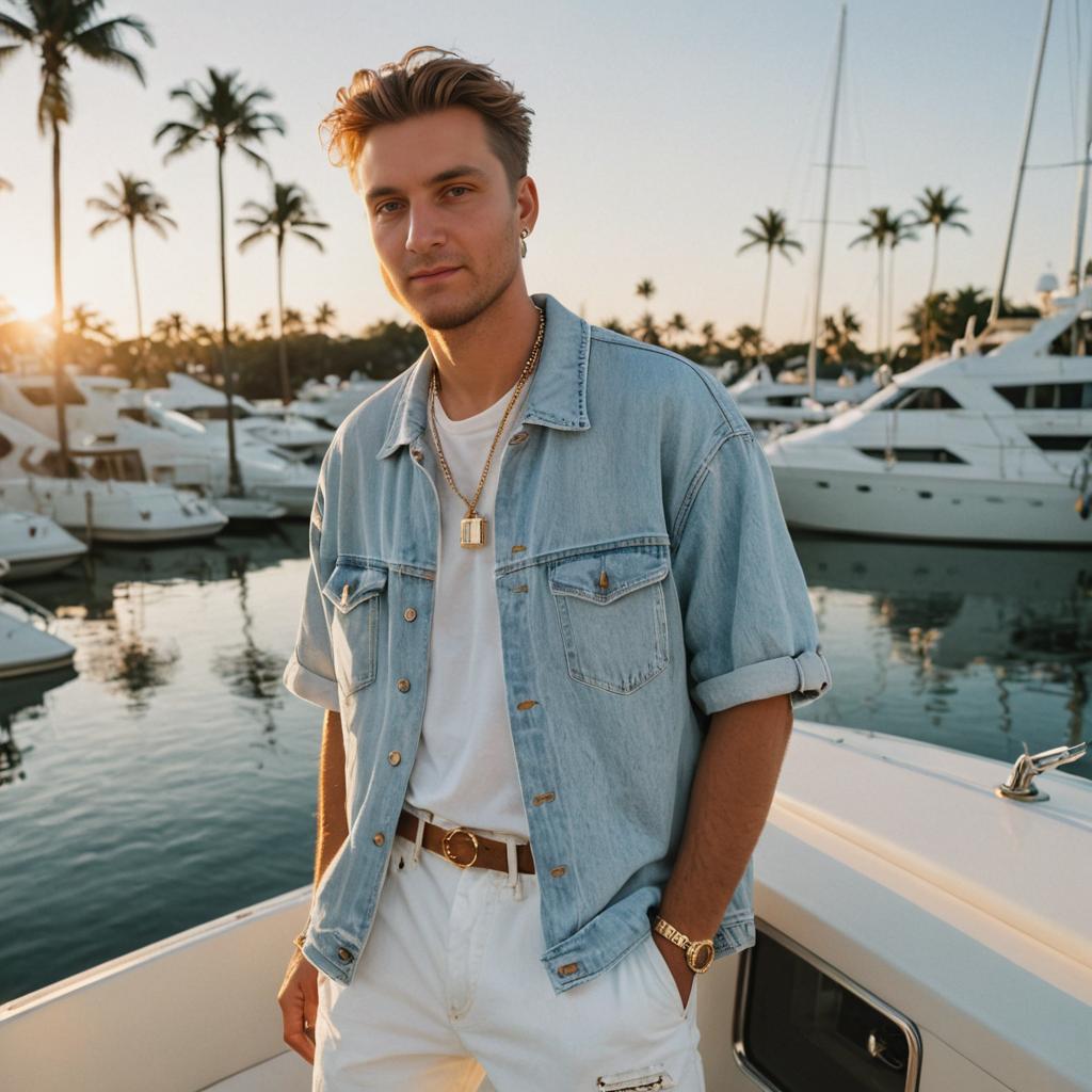 Confident Man in Trendy Attire at Golden Hour with Yachts