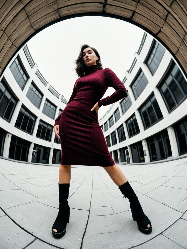 Woman in Minimalist Ribbed Knit Burgundy Turtleneck Dress with Black Boots
