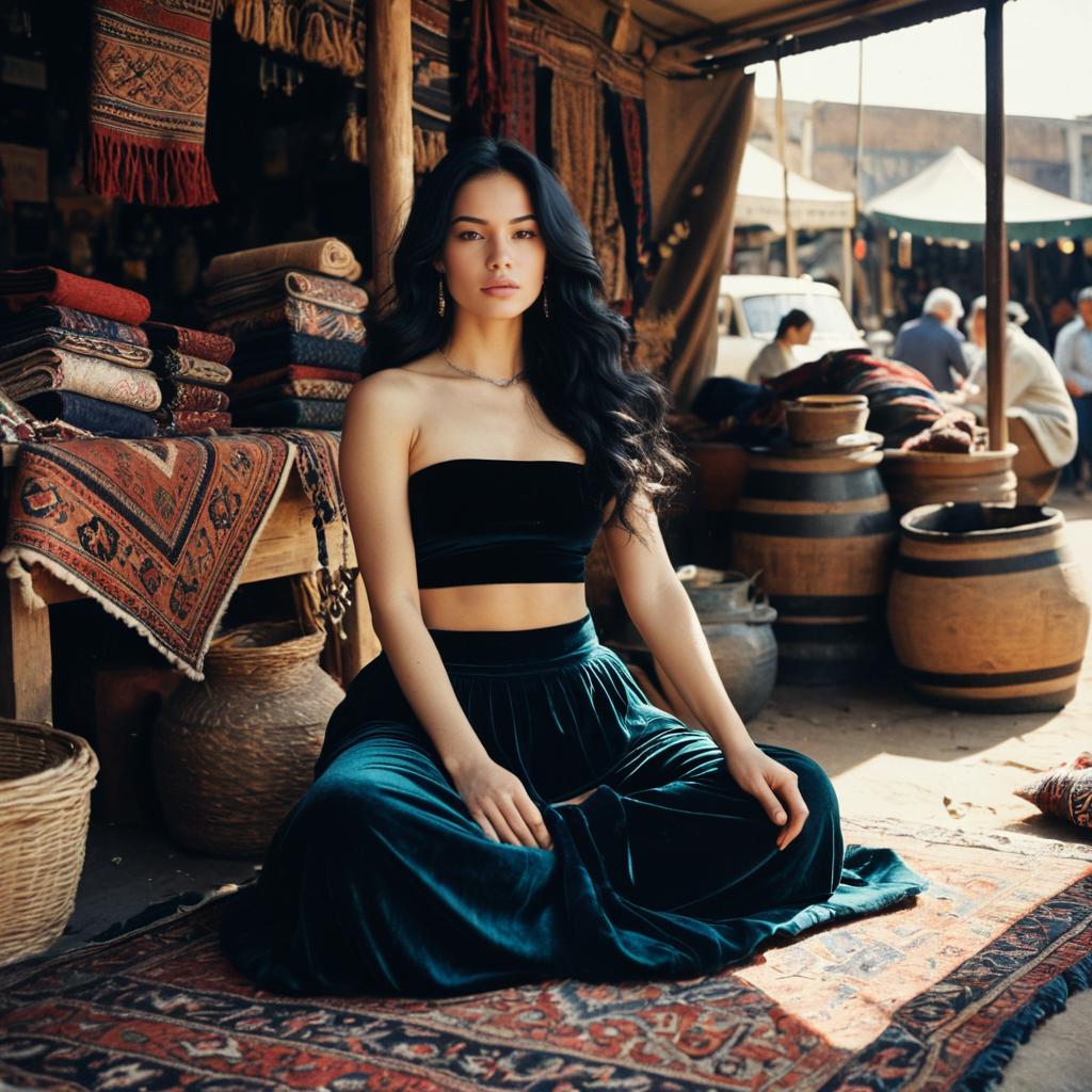 Young Woman Sitting on Rug at Traditional Outdoor Market with Textiles