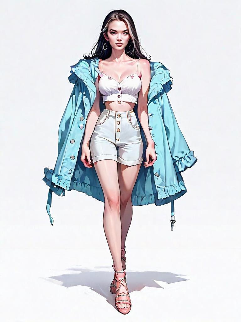 Realistic Comic Style Illustration of Fashionable Woman in Blue Jacket and White Shorts