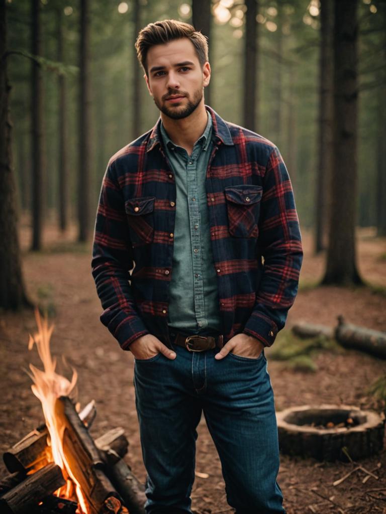 Casual man by campfire in forest