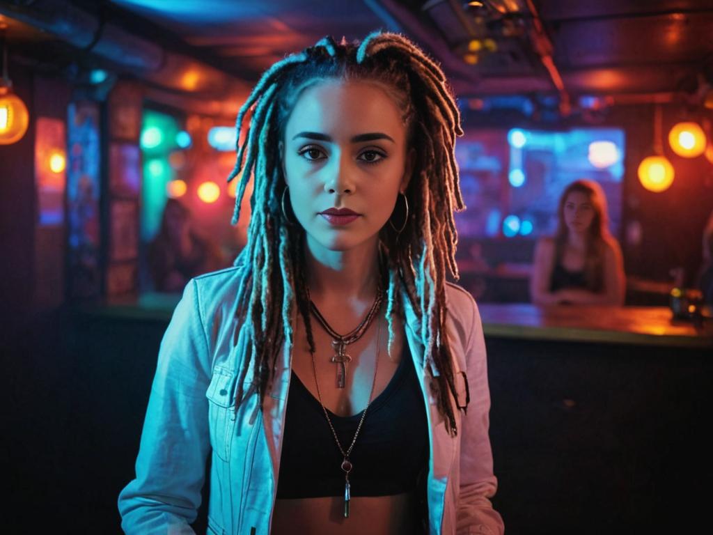 Confident White Woman with Dreadlocks in Vibrant Nightclub