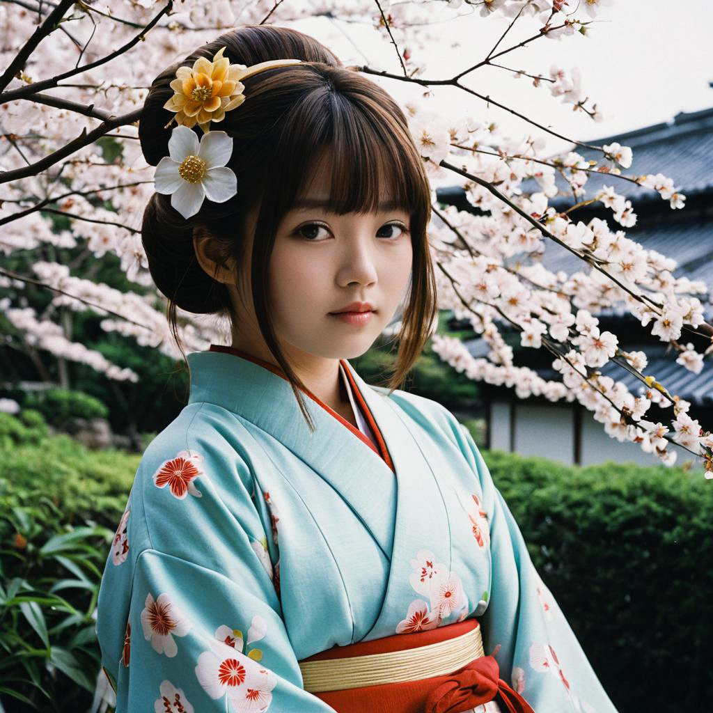 Young Woman in Light Blue Kimono Amid Cherry Blossoms
