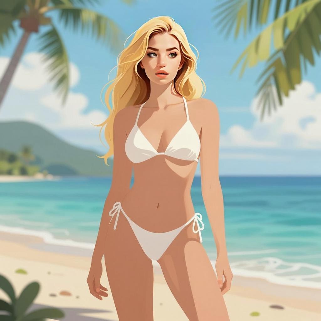 Blonde Woman in White Bikini on Tropical Beach Digital Illustration