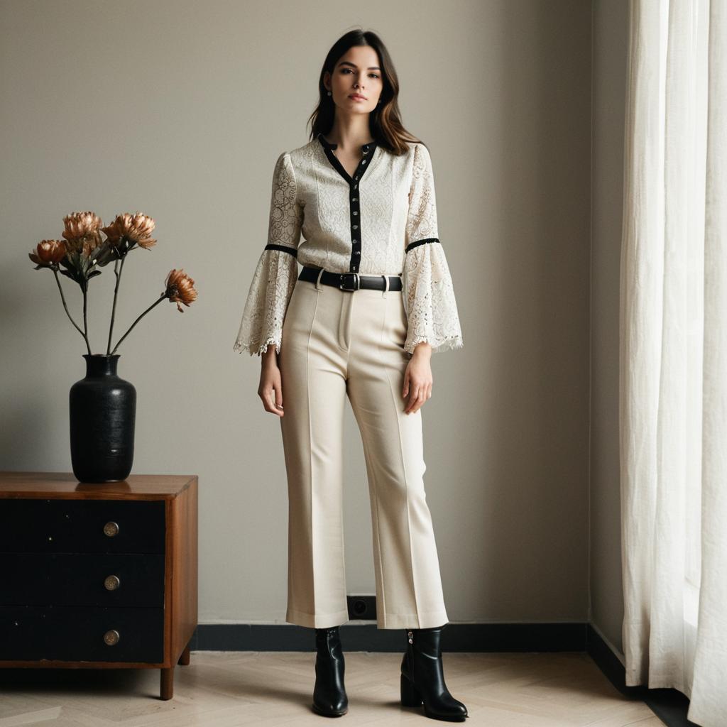 Elegant Woman Wearing Lace Blouse and Beige Trousers in Minimalist Interior