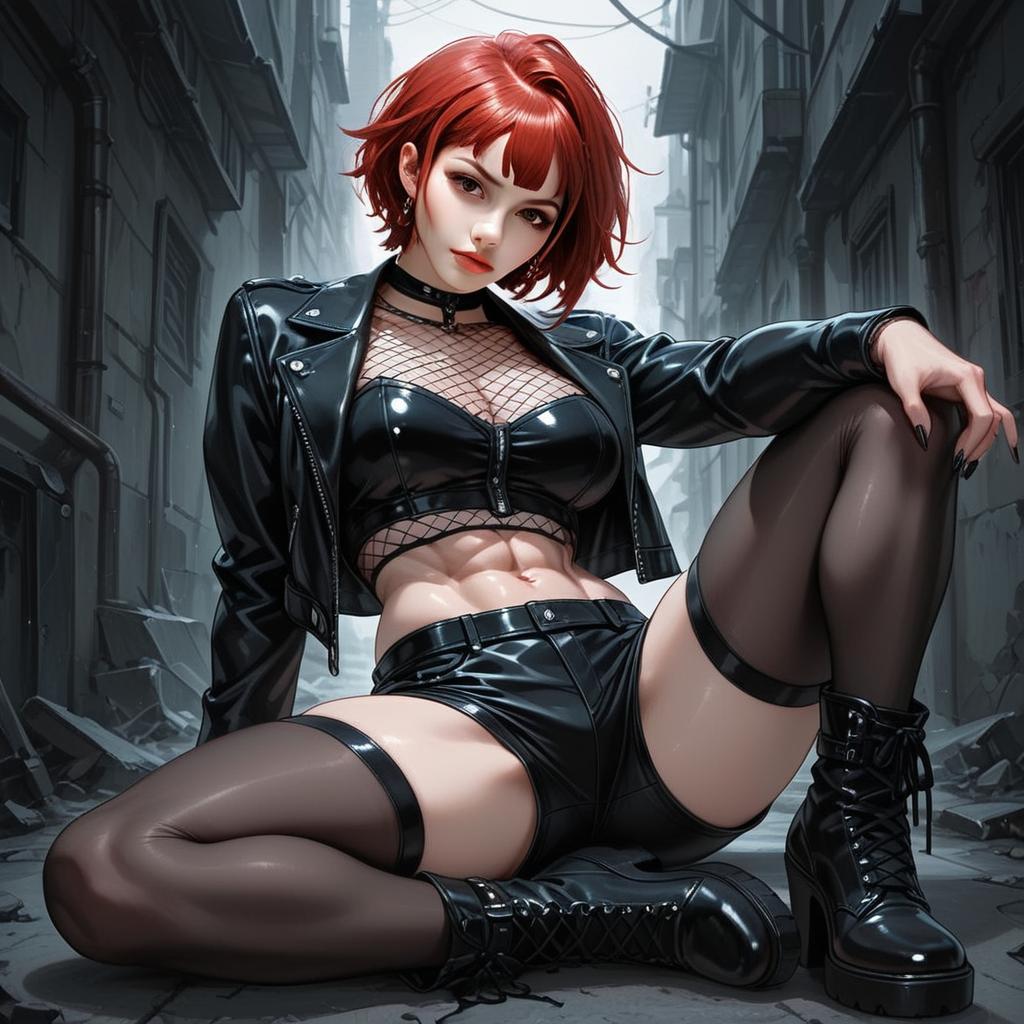 Dark Illustrious Woman in Leather Outfit Sitting in Urban Alley Digital Art