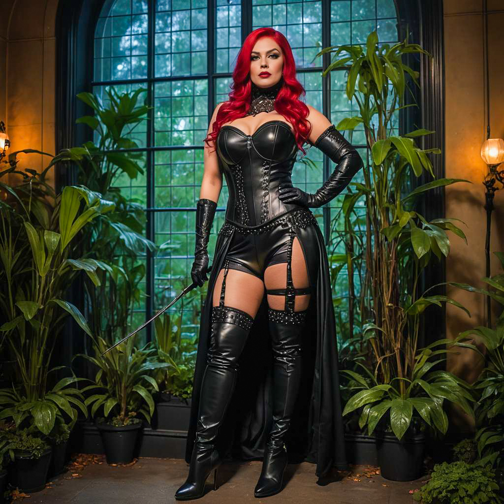 Woman in Black Leather Gothic Corset Outfit with Red Hair in Luxurious Green Room