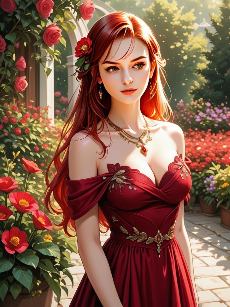 Stunning Woman in Red Dress in Sunlit Garden