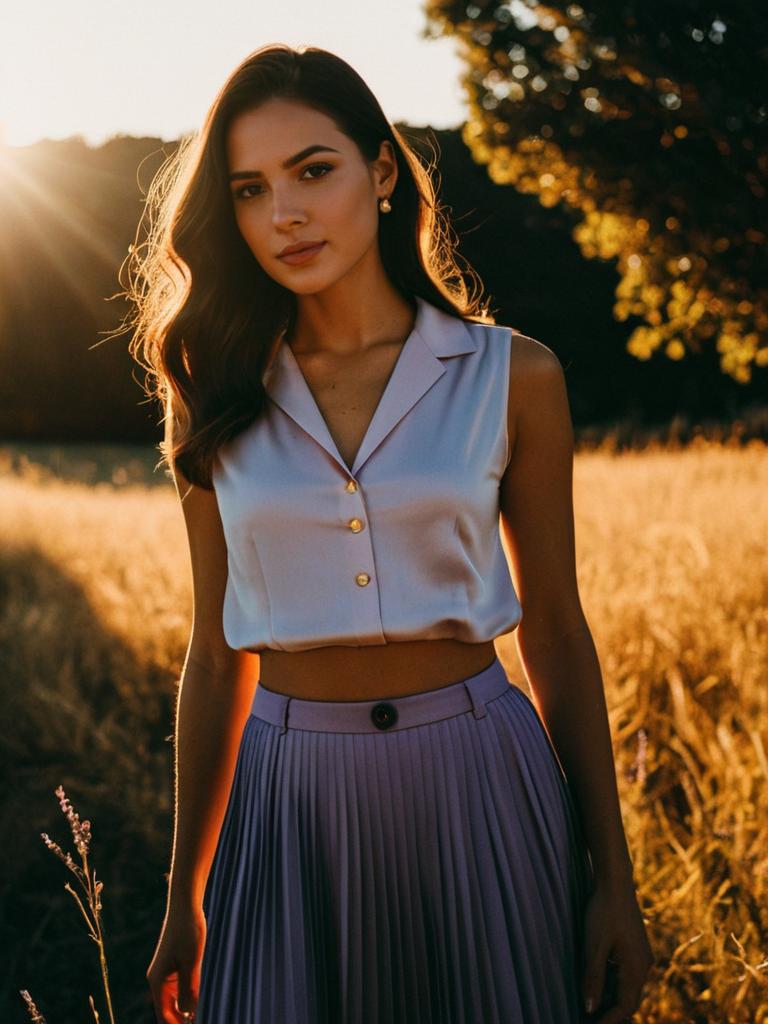 Elegant Woman in Satin Blouse and Pleated Skirt Standing in Golden Hour Field