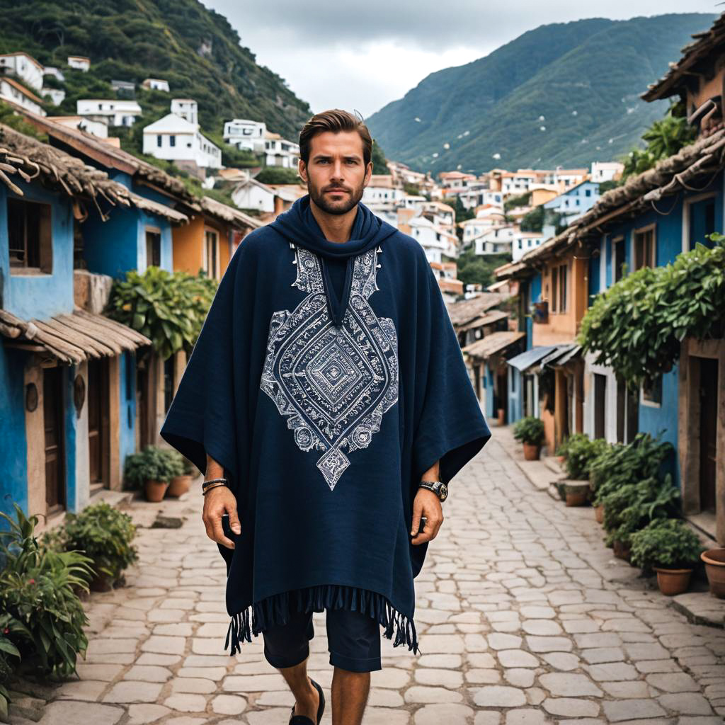 Stylish Man in Navy Poncho on Cobblestone Street