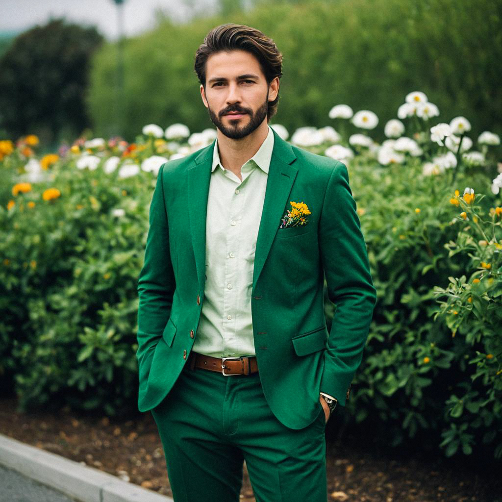 Man in Stylish Green Suit by Blooming Garden