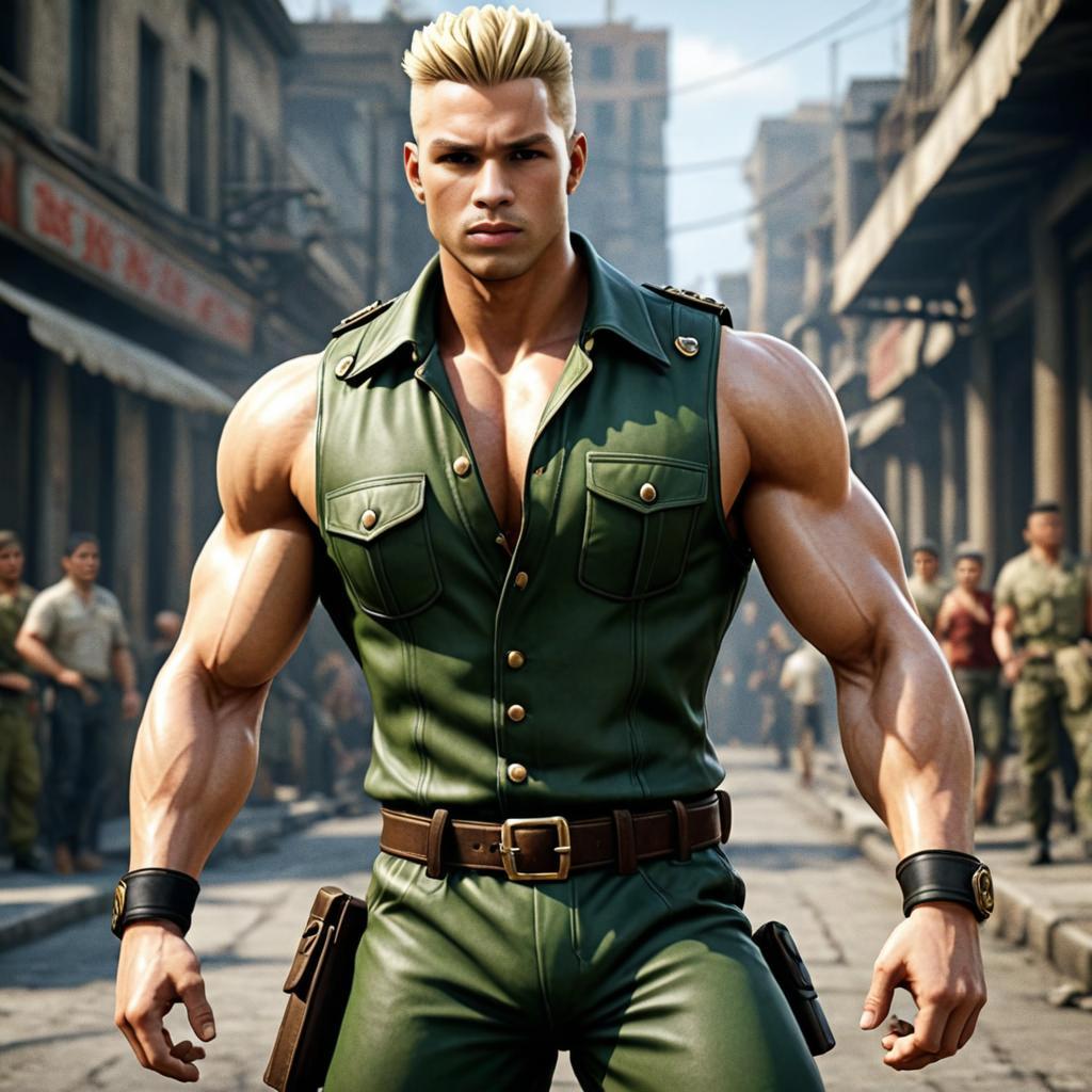 Ken from Street Fighter in a Bustling Street Scene