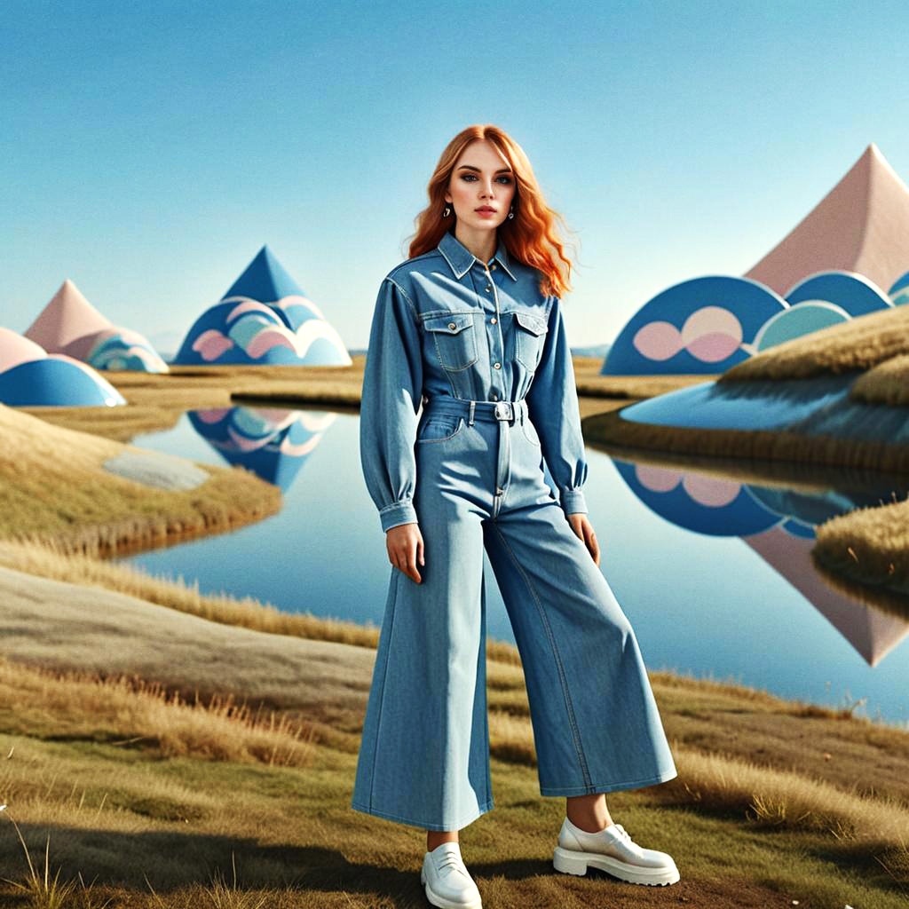 Stylish Woman in Denim Against Vibrant Landscape