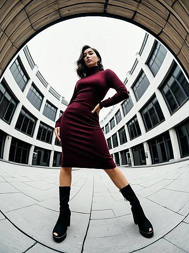 Woman in Minimalist Ribbed Knit Burgundy Turtleneck Dress with Black Boots
