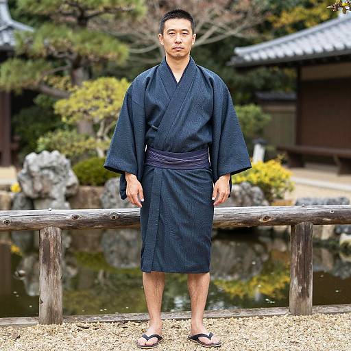 Man Wearing Traditional Short Kimono Standing in a Japanese Garden