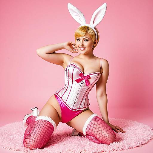 Playful Woman in Pink Bunny Costume on Soft Pink Background