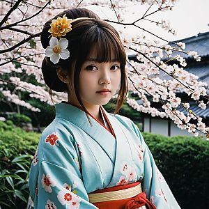 Young Woman in Light Blue Kimono Amid Cherry Blossoms