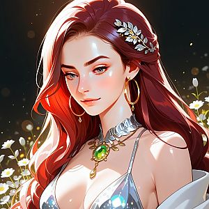 Confident Woman with Red Hair and Silver Leaf Hairpiece