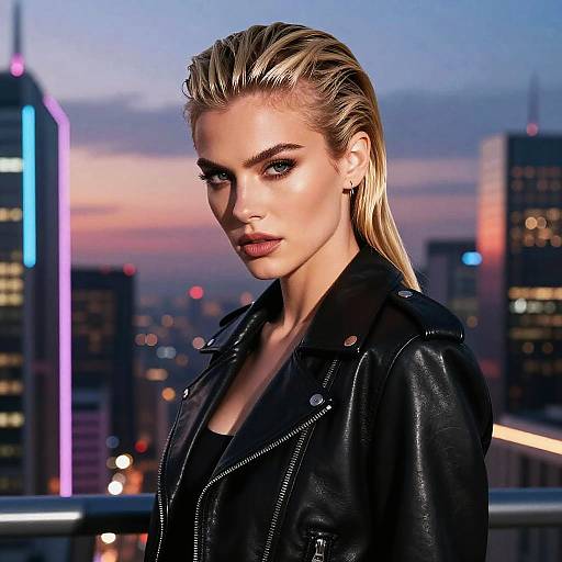 Edgy Young Woman in Black Leather Jacket with City Skyline at Dusk