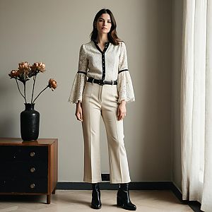 Elegant Woman Wearing Lace Blouse and Beige Trousers in Minimalist Interior