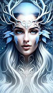 Mystical Woman with Antlers and Blue Leaves