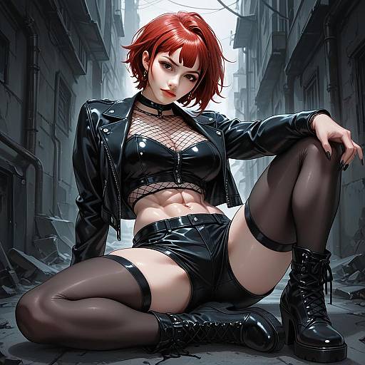 Dark Illustrious Woman in Leather Outfit Sitting in Urban Alley Digital Art