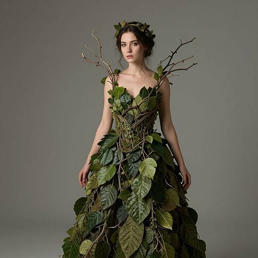 Woman in Elegant Leaf and Branch Dress Forest-Inspired Fashion