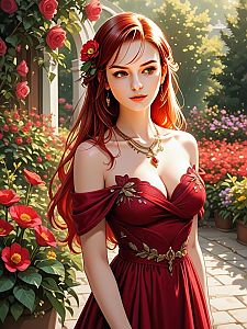 Stunning Woman in Red Dress in Sunlit Garden