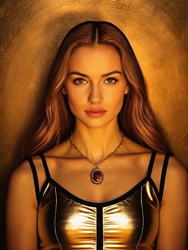 Woman Casual Chic Cropped Metallic Gold Tank Top with Thin Straps and Pendant