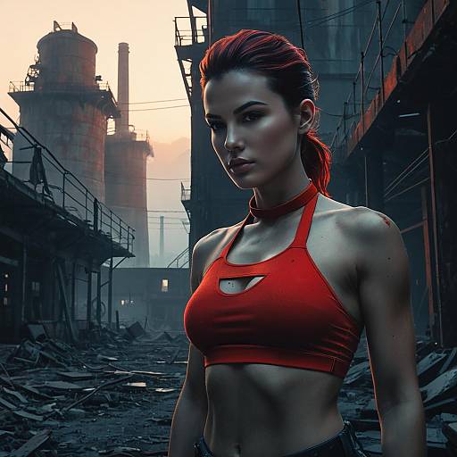 Strong Woman in Red Crop Top in Dystopian Industrial Setting