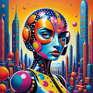 Futuristic Woman Robot in Vibrant Cityscape