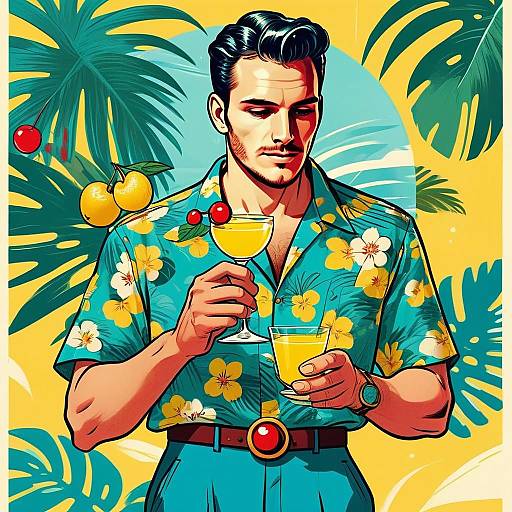 Stylized Digital Illustration of Man in Hawaiian Shirt with Tropical Drinks