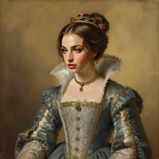 Renaissance Style Portrait of Elegant Woman in Regal Blue Dress and Tiara