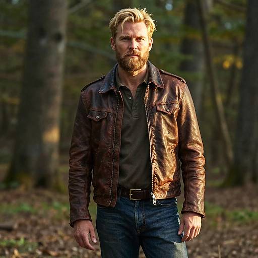 Bearded Man in Brown Leather Jacket Standing in Forest Outdoors