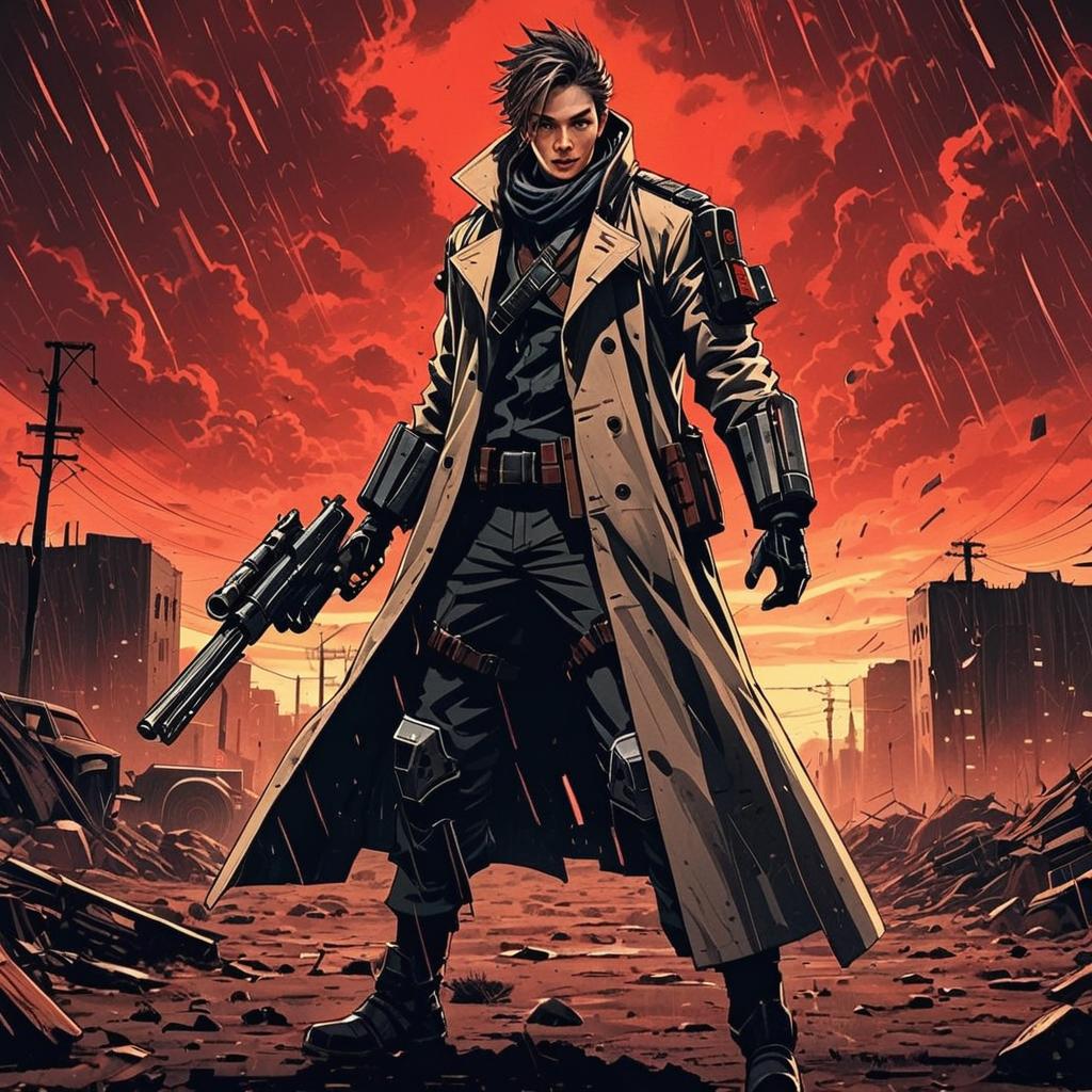Cyberpunk Warrior Man in Trench Coat with Futuristic Gun in Apocalyptic City