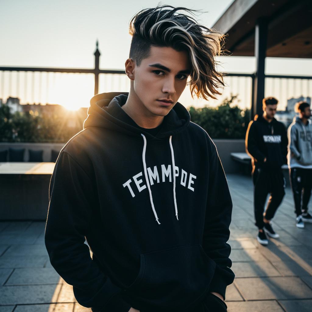 Stylish Young Man in Black Hoodie on Rooftop at Sunset