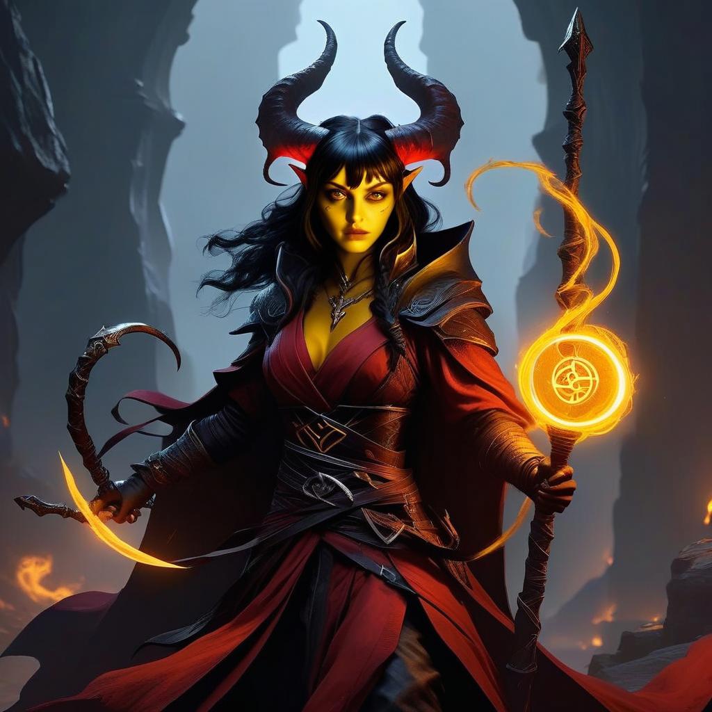 Dark Fantasy Sorceress Woman with Horns and Magical Staff in Cave
