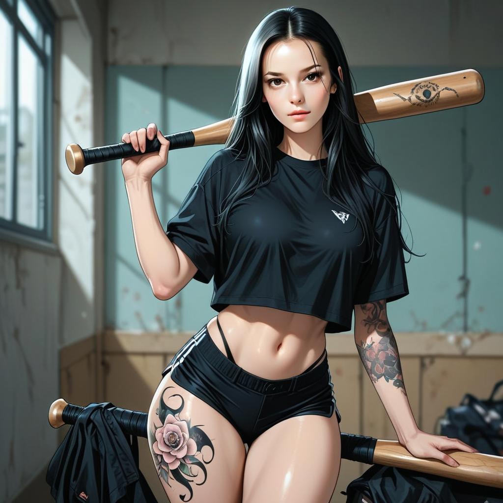Confident Woman with Baseball Bat and Tattoos in Sportswear Digital Art