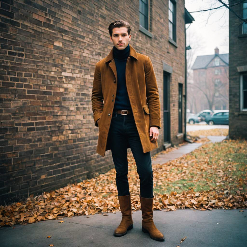 Stylish Man in Brown Coat Outside Brick Building