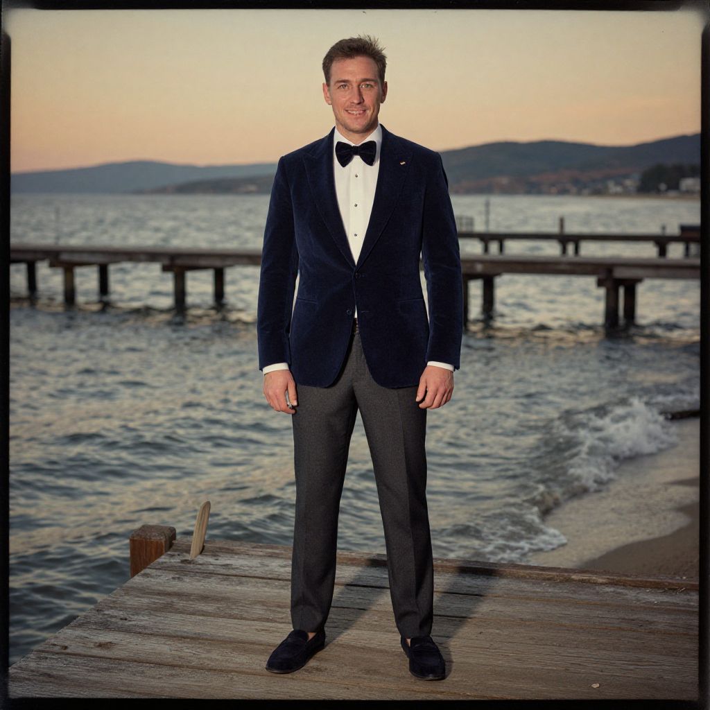 Man in Navy Velvet Blazer and Bow Tie on Lakeside Dock at Sunset