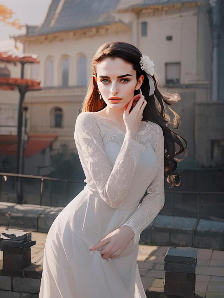 Elegant Woman in White Lace Dress Outdoors with Architectural Background