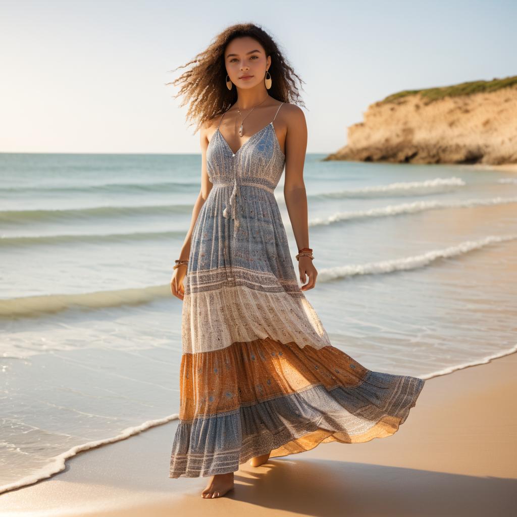 Woman in Colorful Maxi Dress on Beach