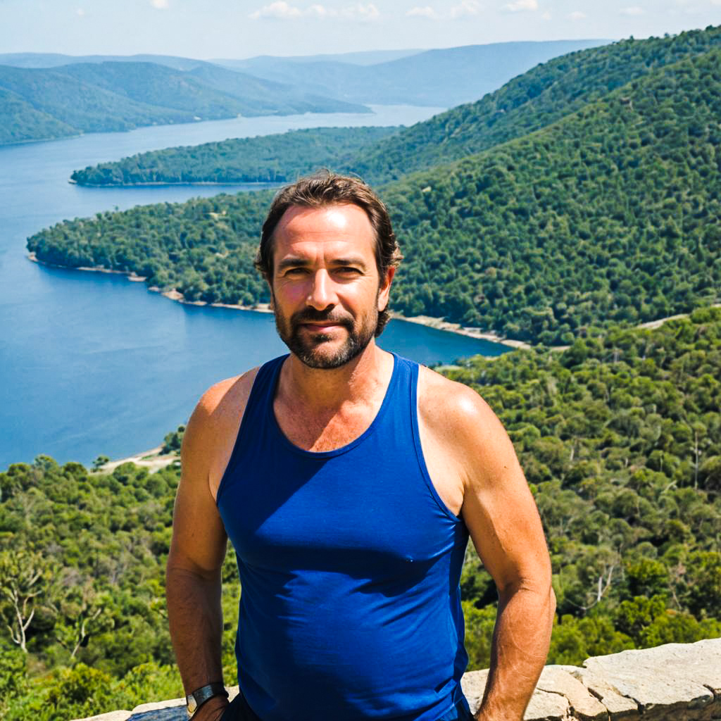 Confident Man in Blue Tank Top with Scenic Hills and Lake