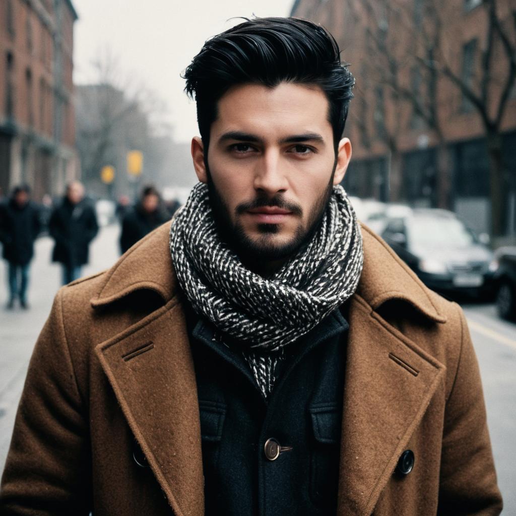 Stylish Man Wearing Brown Coat and Knitted Scarf on City Street