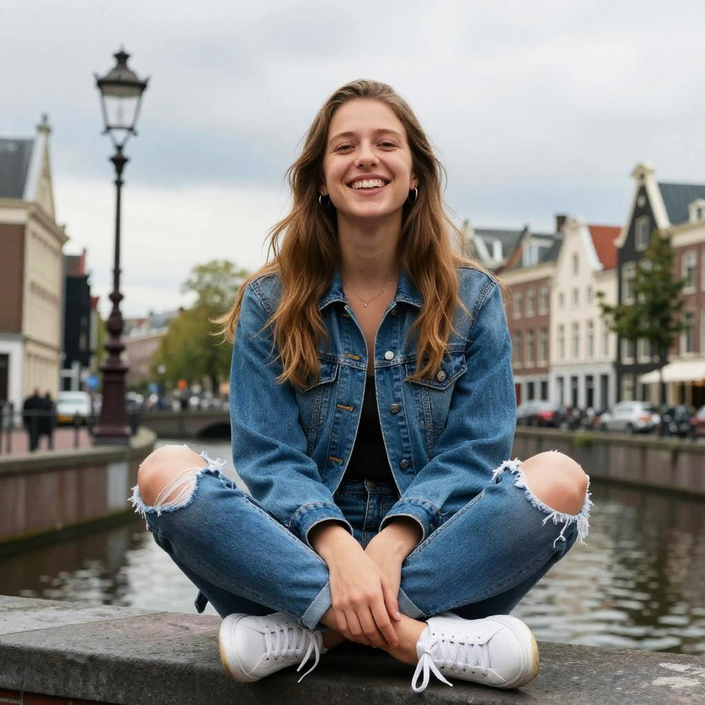 Smiling Young Woman in Denim Sitting on Canal Bridge