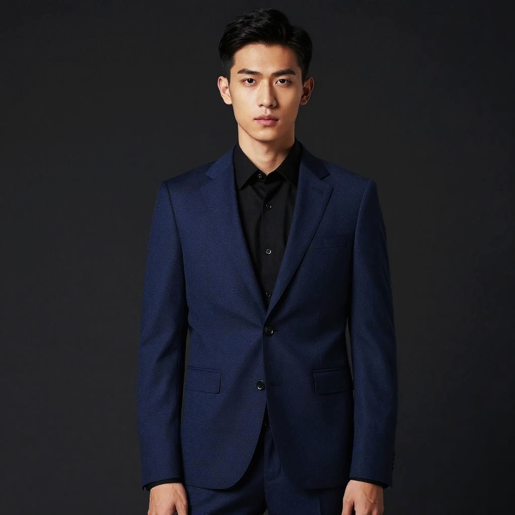 Young Man in Navy Blue Suit with Black Shirt on Dark Background