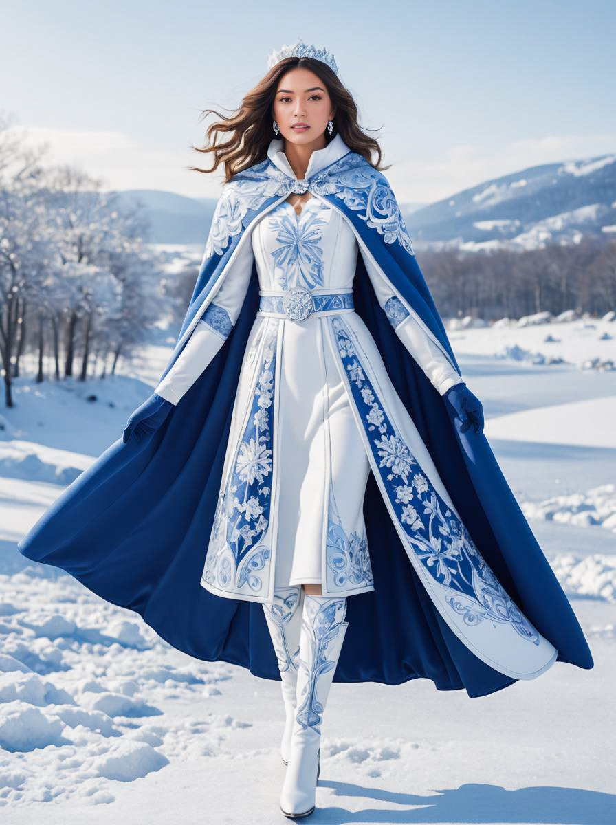 Woman in Elegant Blue and White Winter Costume